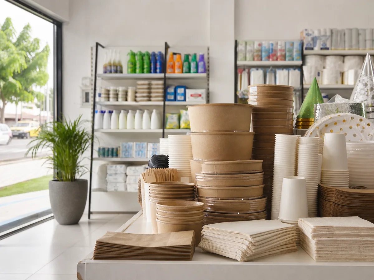 Bright packaging and household goods shop with kraft bowls, cups and napkins